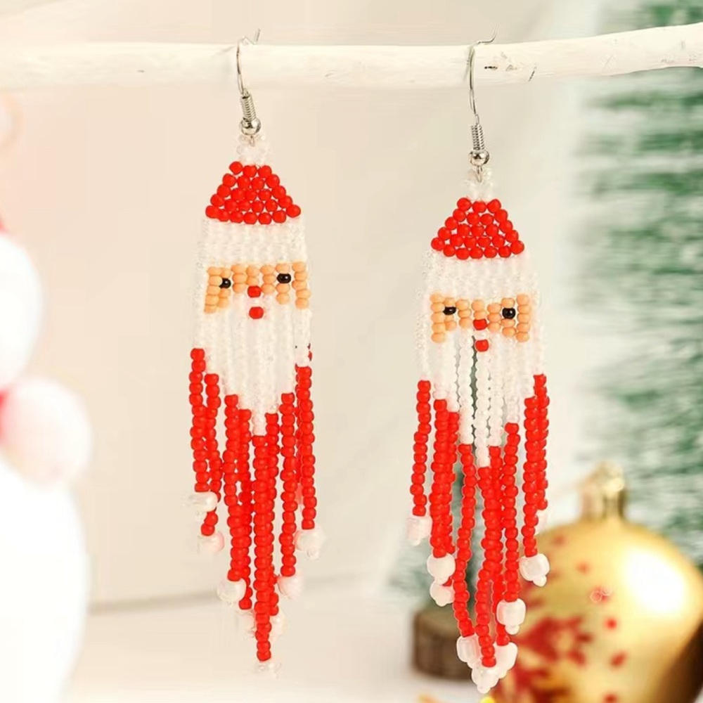 Hand beaded Christmas Santa dangle fringe earrings
